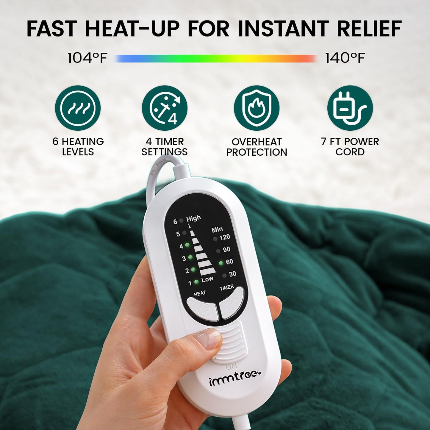 immtree Weighted Heating Pad for Period Cramps, 29" x 24" Extra Large Electric 5 lbs Heated Pads, Back Shoulder Knee Abdomen Pain Relief, Soft Warm Heavy Lap Blanket, Dark Green