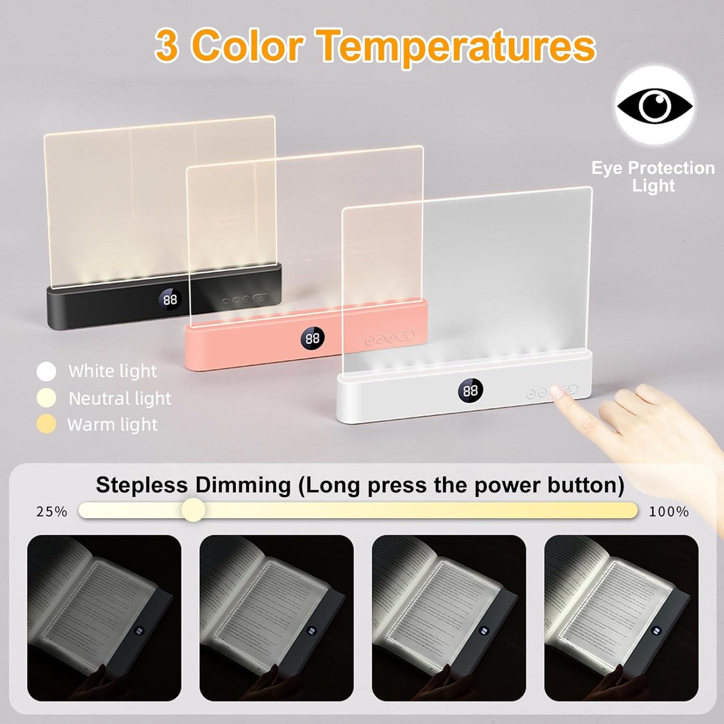 Book Light, Rechargeable Reading Lights for Books in Bed - Eye Caring 3 Color Temperatures, Stepless Dimming Brightness, Timer, Long Lasting, Portable Flat Book Light for Book Lovers (Pink)