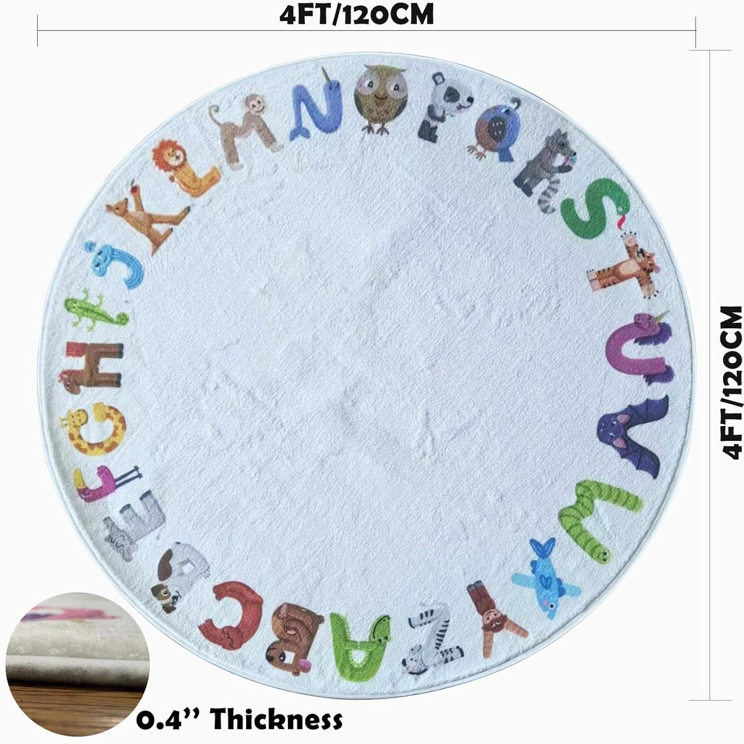 4ft Round ABC Kids Play Rug - Soft Crawling Mat, Non Slip Alphabet Educational Rug for Toddlers, Baby, Nursery, Playroom, Classroom, Bedroom Decor