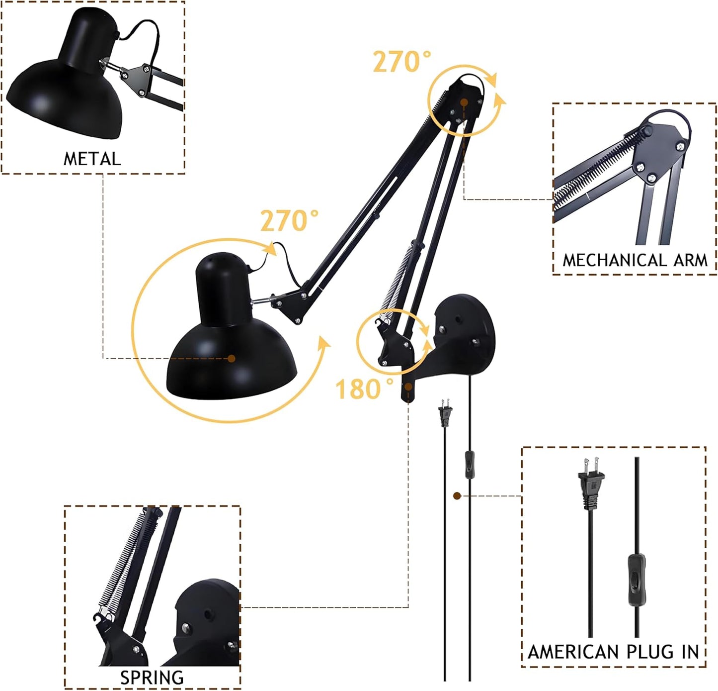 Black Industrial Swing Arm Wall Light Nordic Adjustable Long Arm Wall Sconces Lamp Metal Double-arms Folding Architect Work Wall Mount Lighting for Bedroom Reading Living Room