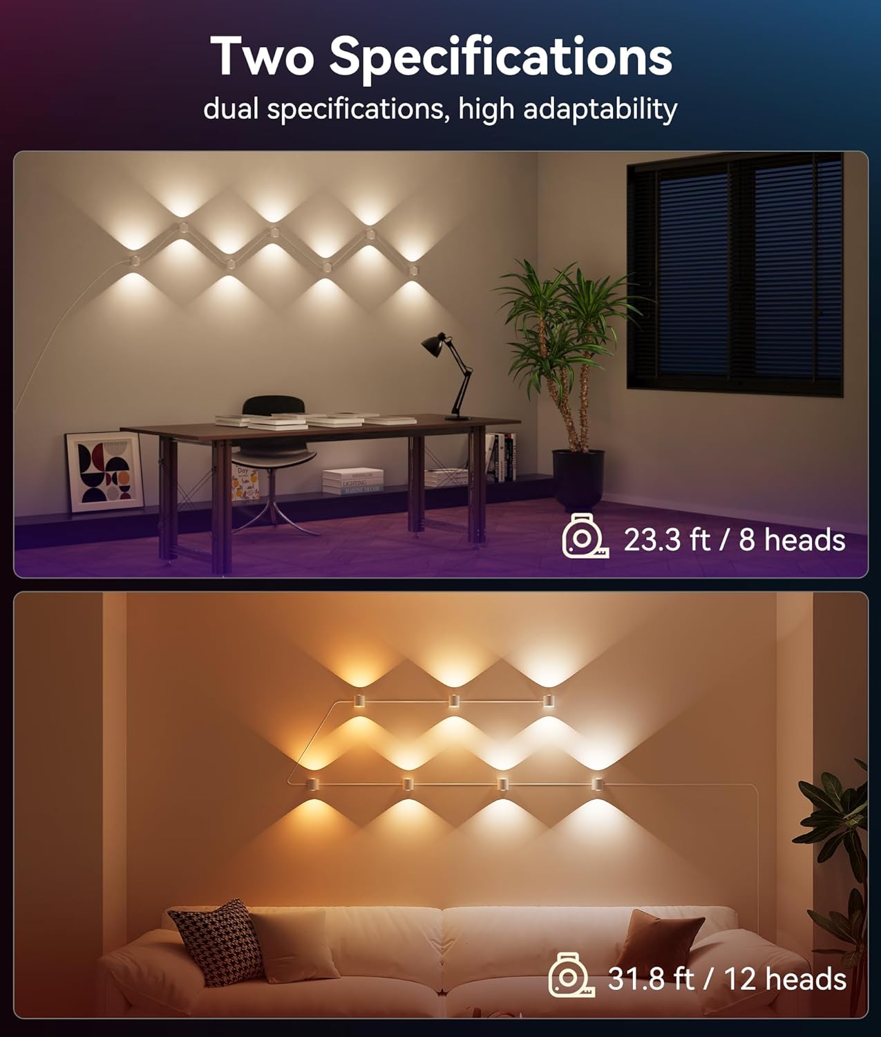 8-Light RGBCW Wall Sconce Light, Up/Down Bedroom Wall Lights, Music Sync, DIY-Styling Color-Changing Wall Lamps for Living Room Party Home Decor, Works with Alexa/Google Assistant, 23.3ft