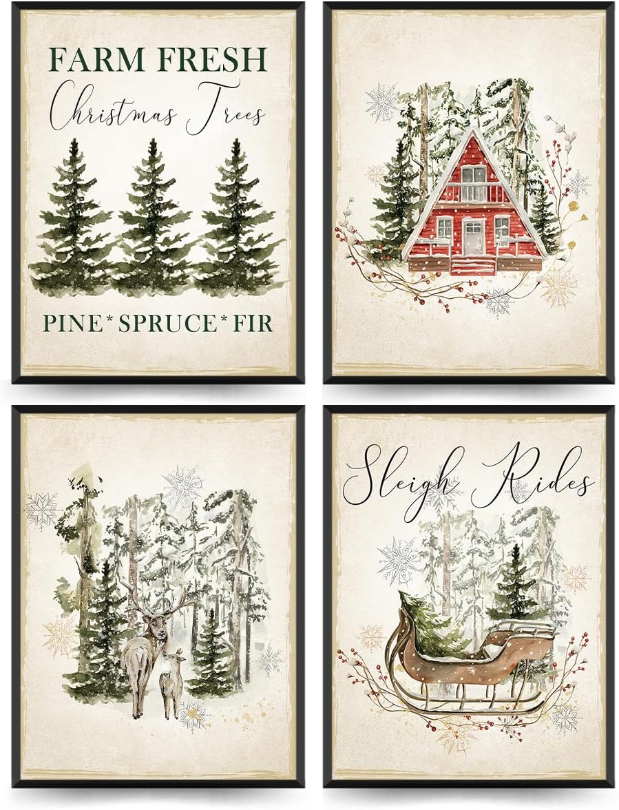 ETVISO Vintage Christmas Wall Art Prints Set of 4, Retro Christmas Trees Poster, Winter Holidays Gift Print Decor for Gallery, Living Room, Bathroom, 12x16 (Unframed)