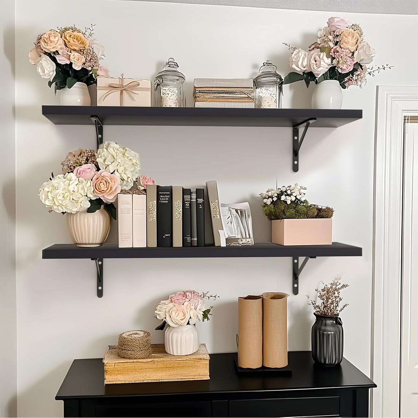 Kaboon 36 inch Long 10 inch Deep Floating Shelves for Wall Set of 2, Large Open Shelves Wall Mounted, Space Saving Home and Commercial Use,Black
