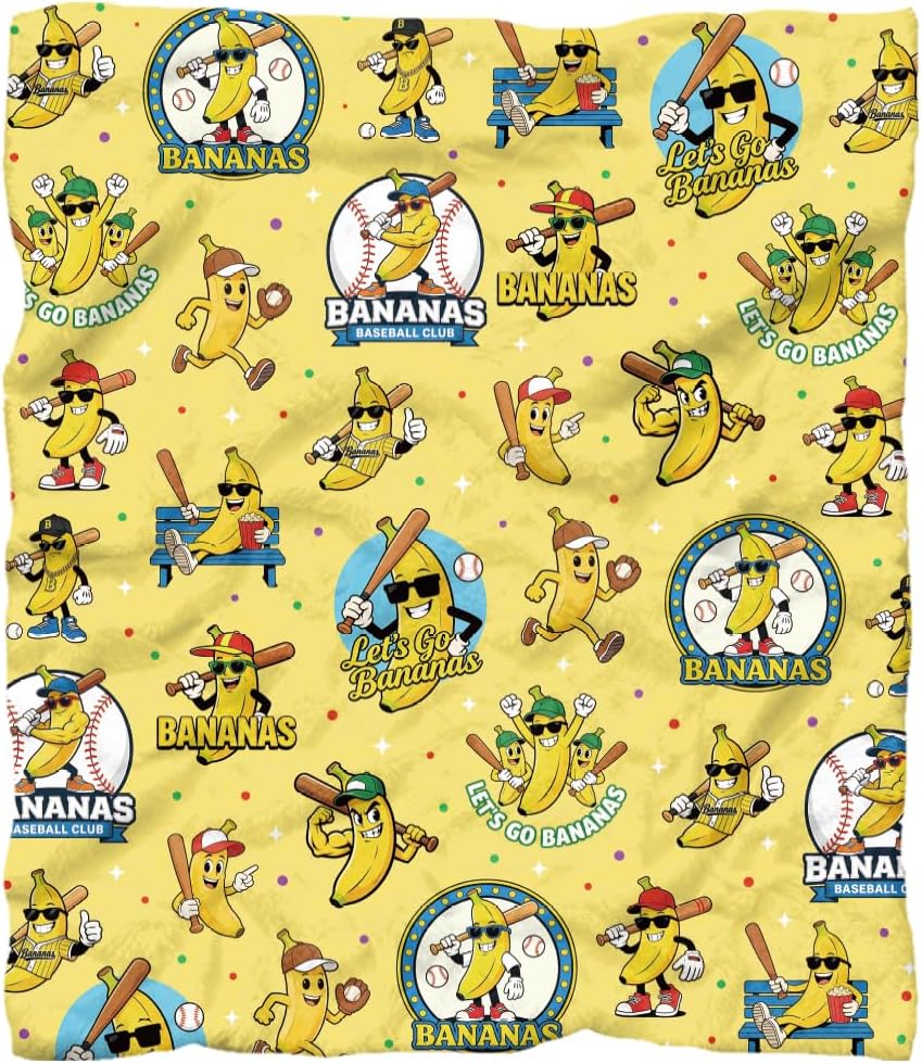 WADORN Banana Baseball Throw Blanket, Cozy Soft Funny Banana Throw Blanket Fuzzy 500GSM Flannel Fleece Blankets Plush Cute Bananas Lover Gifts for Office Living Room Sofa Bed Couch Chairs, 59x51”