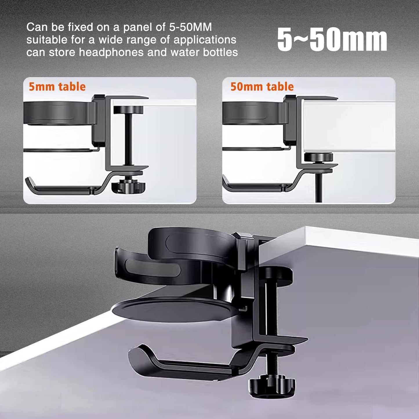 HeavyRain 3-in-1 Desk Cup Holder with Headphone Hook, Anti-Overflow Coffee Mug Holder for Desk, Sturdy Aluminum Clamp-on Cup Holder for Wheelchair, Couch, Office, Gaming Desk Accessories, Black