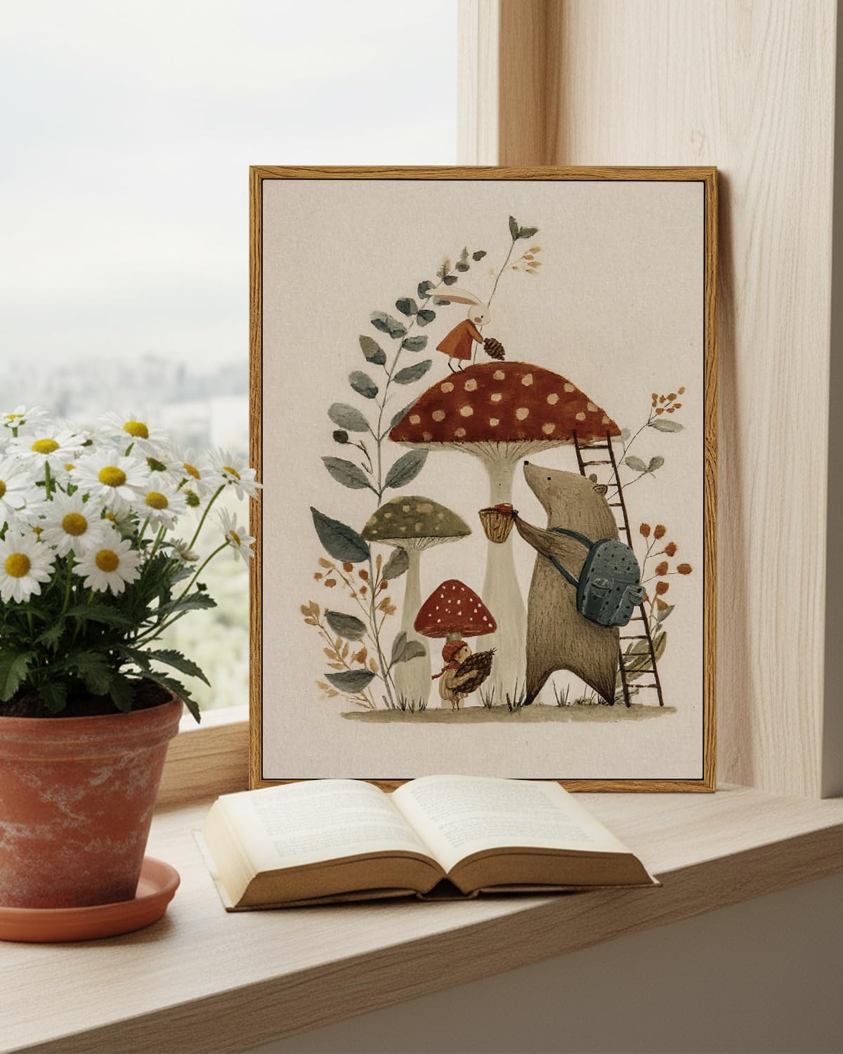 Vintage Storybook Kids Wall Art Framed Canvas Painting 12x16, Cute Woodland Animals and Mushrooms Illustration Bunny Bear Artwork, Nursery Children Room Playroom Farmhouse Fairy Tale Home Decor