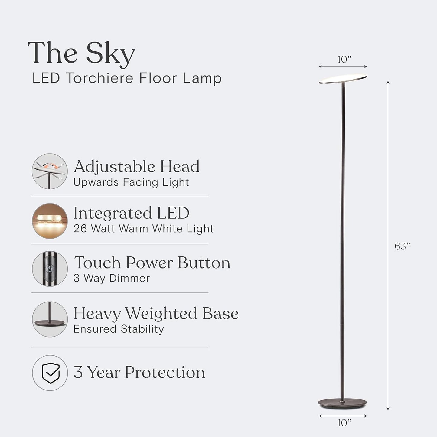 Brightech Sky LED Floor lamp, Torchiere Super Bright Floor Lamp for Living Room Decor & Office - Dimmable, Tall Standing Lamp with Warm Light for Bedroom & Reading - Brushed Nickel
