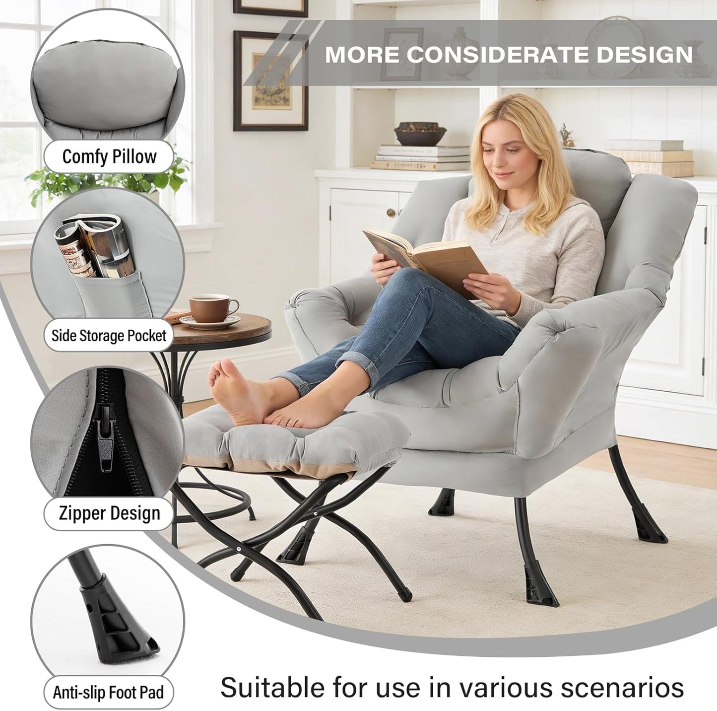 Lazy Chair with Folding Ottoman, Modern Accent Lounge Armchair with Armrests and a Side Pocket & Foldable Footstool, Leisure Reading Chair for Living Room, Bedroom, Dorm & Office, Light Grey