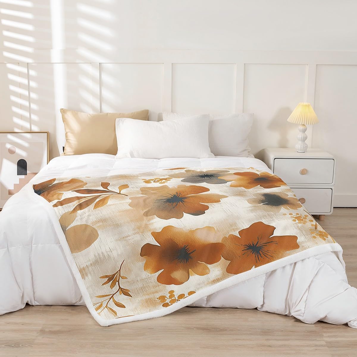 Feelyou Twin 60"x80" Floral Fleece Throw Blanket for Bed Sofa Couch Brown Flower Fuzzy Blanket Blossom Flowers Watercolor Sherpa Blanket Room Decorations Fuzzy Blanket