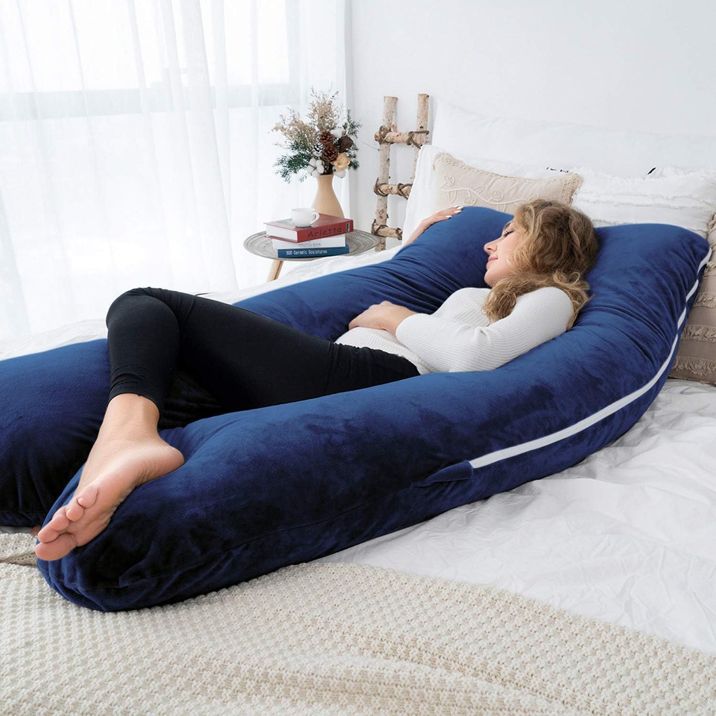 AngQi Pregnancy Body Pillow, U Shaped Full Body Pillow with Removable Velvet Cover, Navy Maternity Pillow