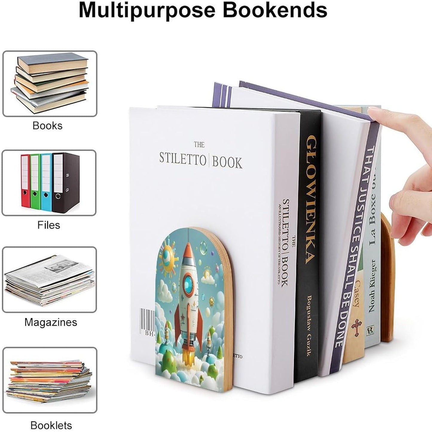 Cartoon Rockets Bookends 1 Pair Heavy Duty Book Ends for Shelves Non-Skid Bookend Supports Wooden Book Holders with Metal Base Desk Organizers Books Storage to Hold Books