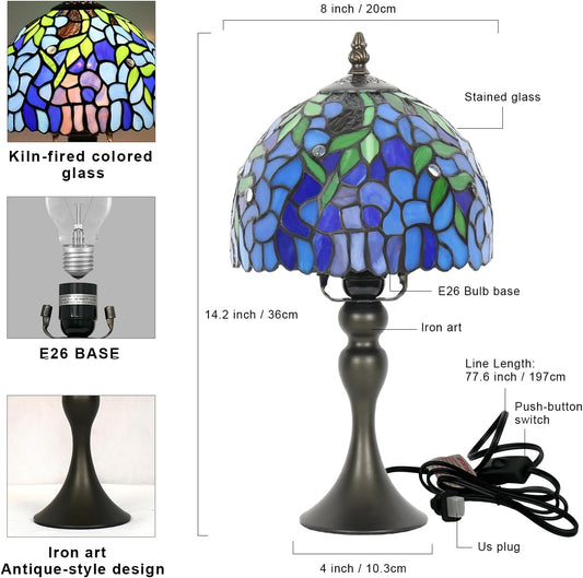 8 Inch Tiffany Table Lamp,Stained Glass Lamp,Small Antique Style Lamp,Reading Light,Vintage Desk Light for Living Room Bedroom(Wisteria)
