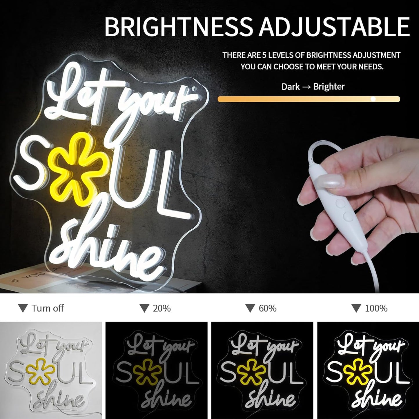 Let Your Soul Shine Neon Sign for Wall Decor Dimmable Letters Led Neon Lights Spiritual Positive LED Signs for Bedroom Living Room Home Party Art Decor Gift