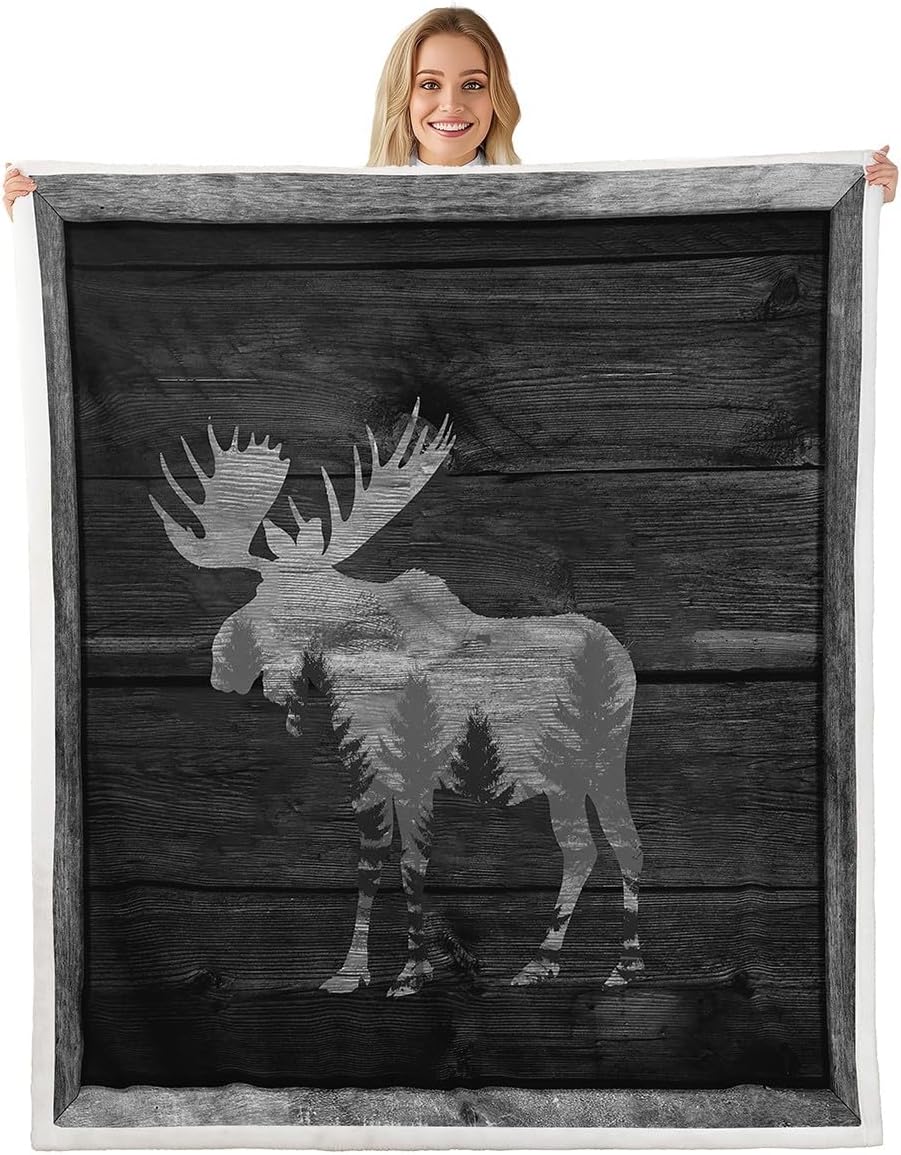 Castle Fairy Moose Cabin Throw Blanket Wild Animal Jungle Pine Trees Silhouette Fleece Blanket for Kids Teens Adults Gray Wooden Stripes Grid Rustic Fuzzy Blanket for Housewarming Queen