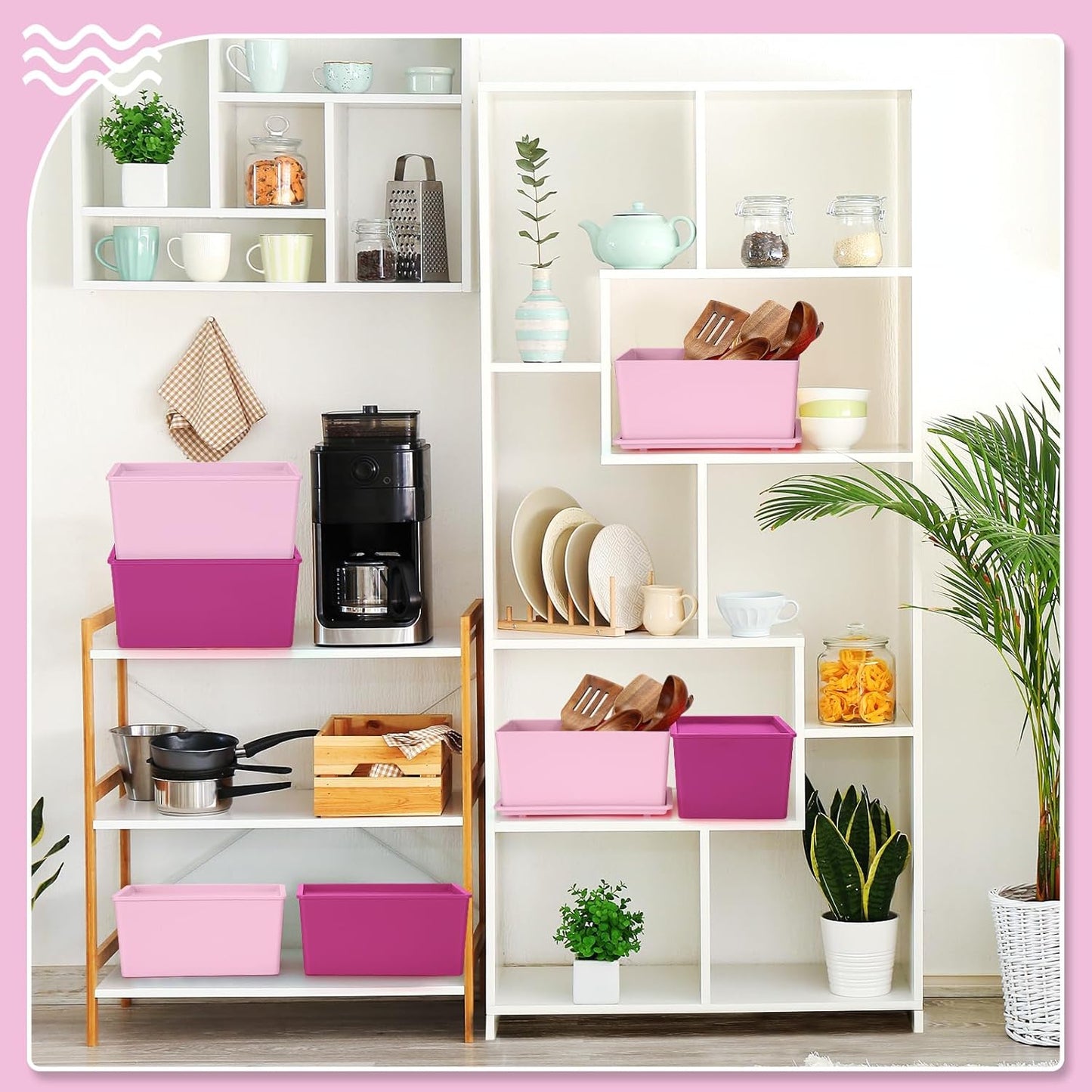 Menkxi 6 Pcs Storage Bins with Lids Small Plastic Storage Containers Stackable Storing Baskets Box Cute Organizer Bins for Organizing Shelves (Pink Series)