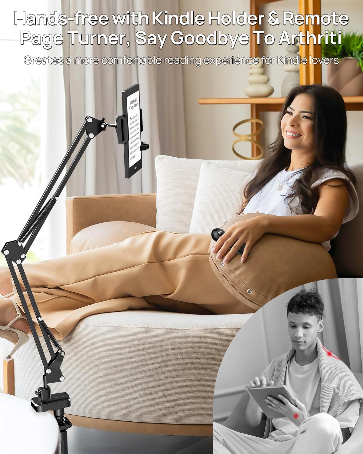 Kindle Holder with Remote Page Turner – Kindle Stand with Remote Page Turner for Bed, Hands-Free Clip Mount, Easy-Adjust Steel Arm (Not Gooseneck), No Text Blocking