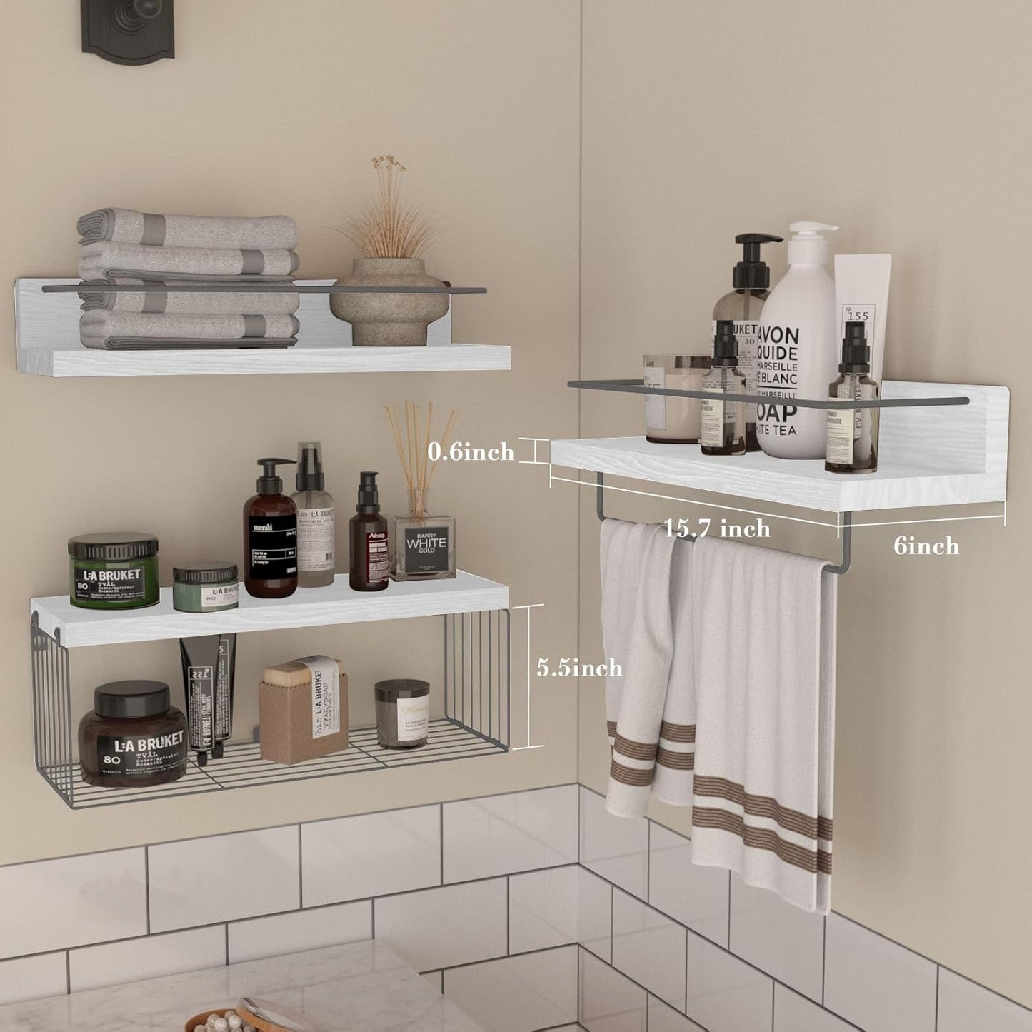 Bathroom Shelves Over Toilet for Wall, Floating Shelves with Storage Basket Paper Holer for Kitchen Living Room, Bedroom & Classroom, Set of 3 (White and Grey)