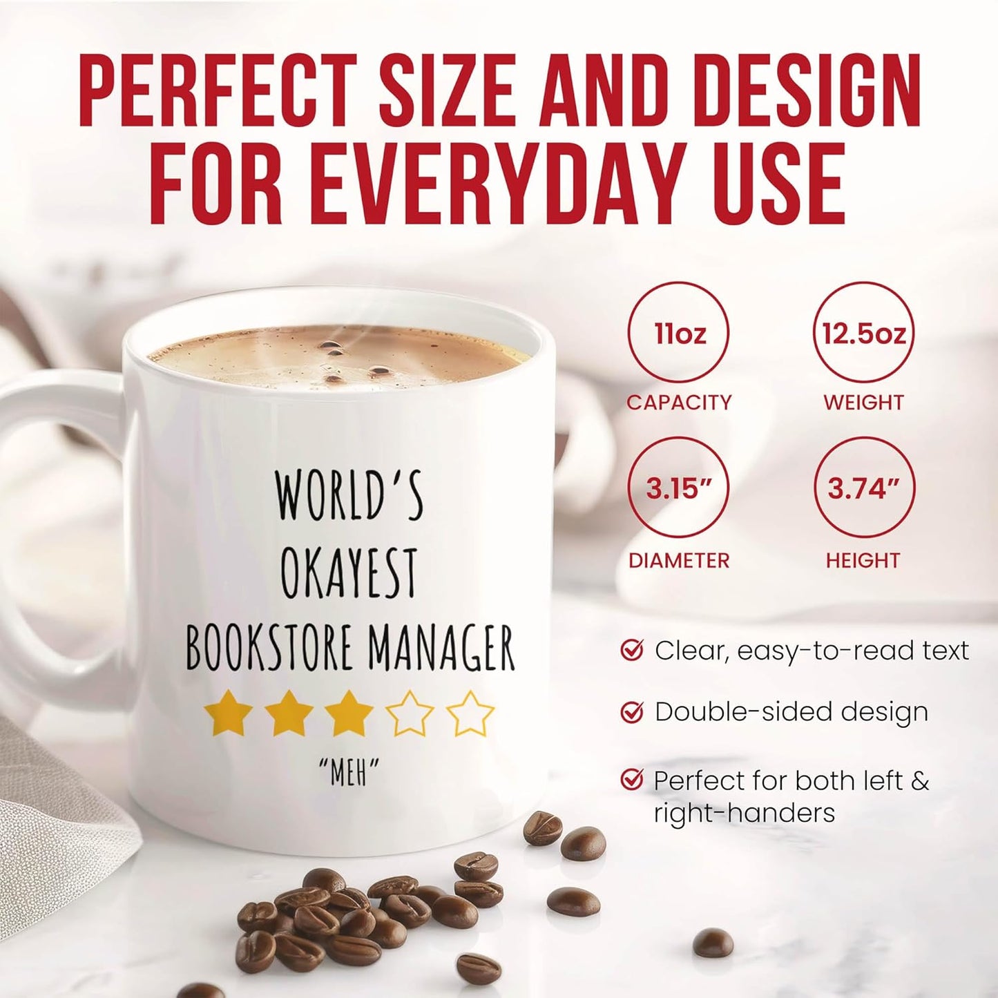 Okayest Bookstore Manager Mug - Average Book Lover Coffee Cup - Literary Funny Gift From - Reading Advocate Tea Mugs - Store Owner Cups - 11 Oz Ceramic Gifts For Bookworms, Birthday, Him, Her