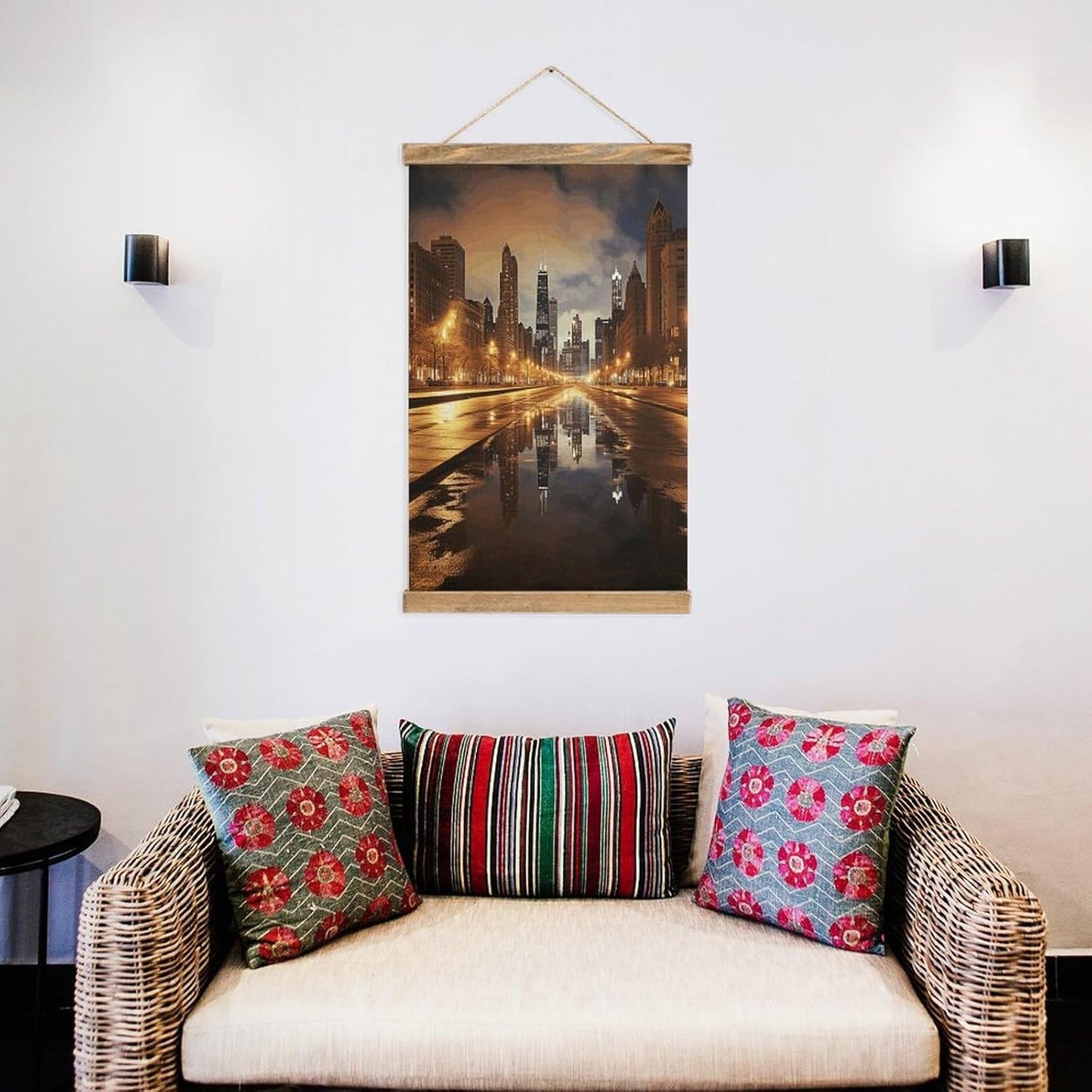 Vintage Chicago Poster with Wooden Frame Personalized Linen Hanging Scroll Painting Rustic Wall Hanging Illustrative Modern Artwork Decor for Home Living Room Bedroom Office