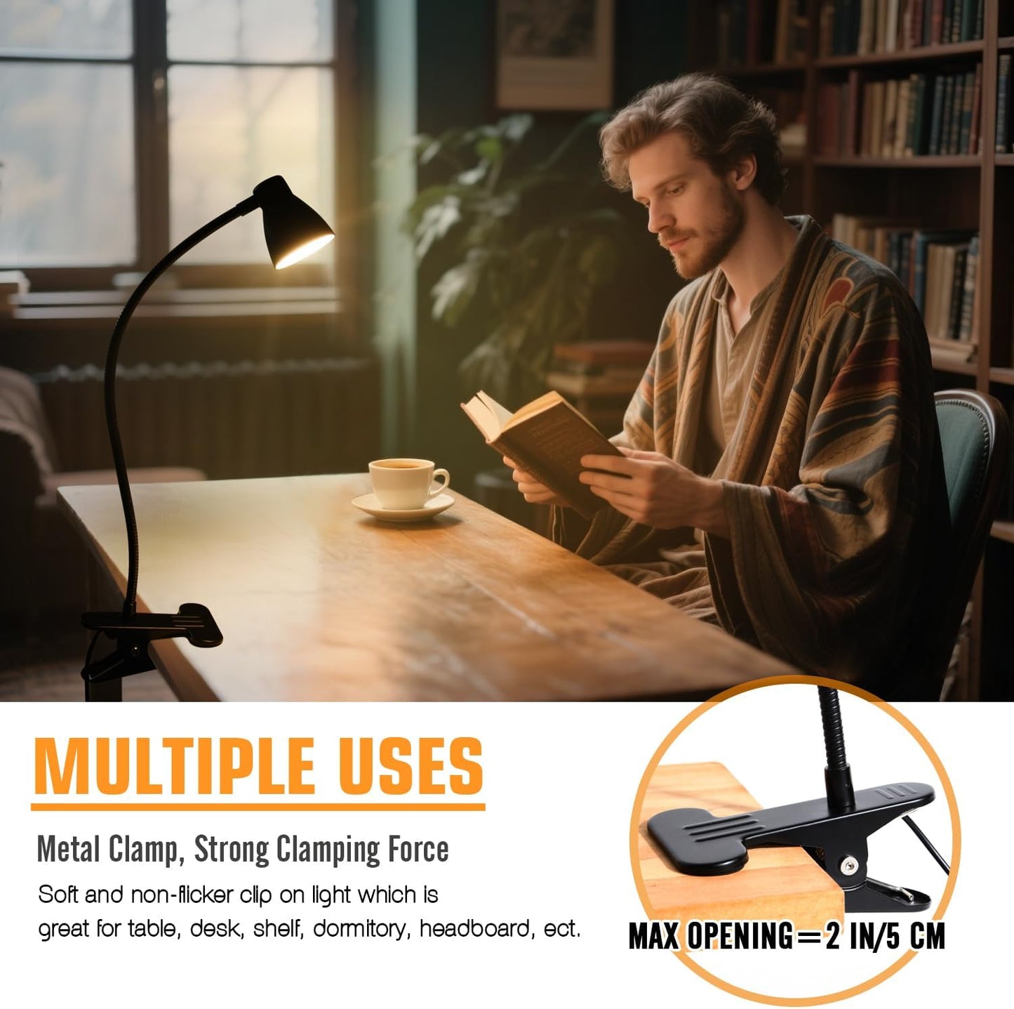 CRI 90+ Clip on Reading Light, Small Clamp on Desk Lamp, 3000K-6500K Adjustable Color Temperature, Gooseneck Bed Clip Light for Headboard(Adapter Included)