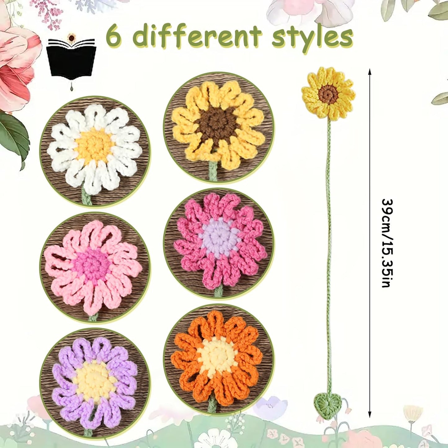 6 Pack Flower Crochet Bookmarks,Daisy Sunflower Bookmark for Women Personalized Crochet for Book Lovers and Teachers