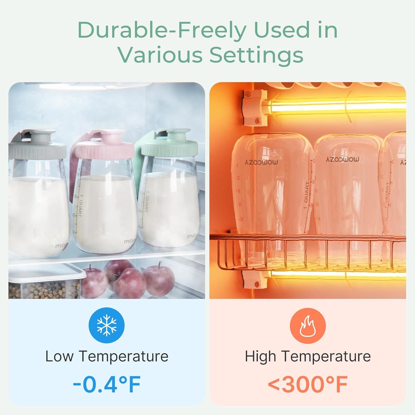 Momcozy Breast Milk Pitcher, Resistant to Heat and Cold Abrupt Temp Swings, No Leak Glass Breast Milk Fridge Storage Container with Wide Mouth, Fast Baby Formula Maker, Green