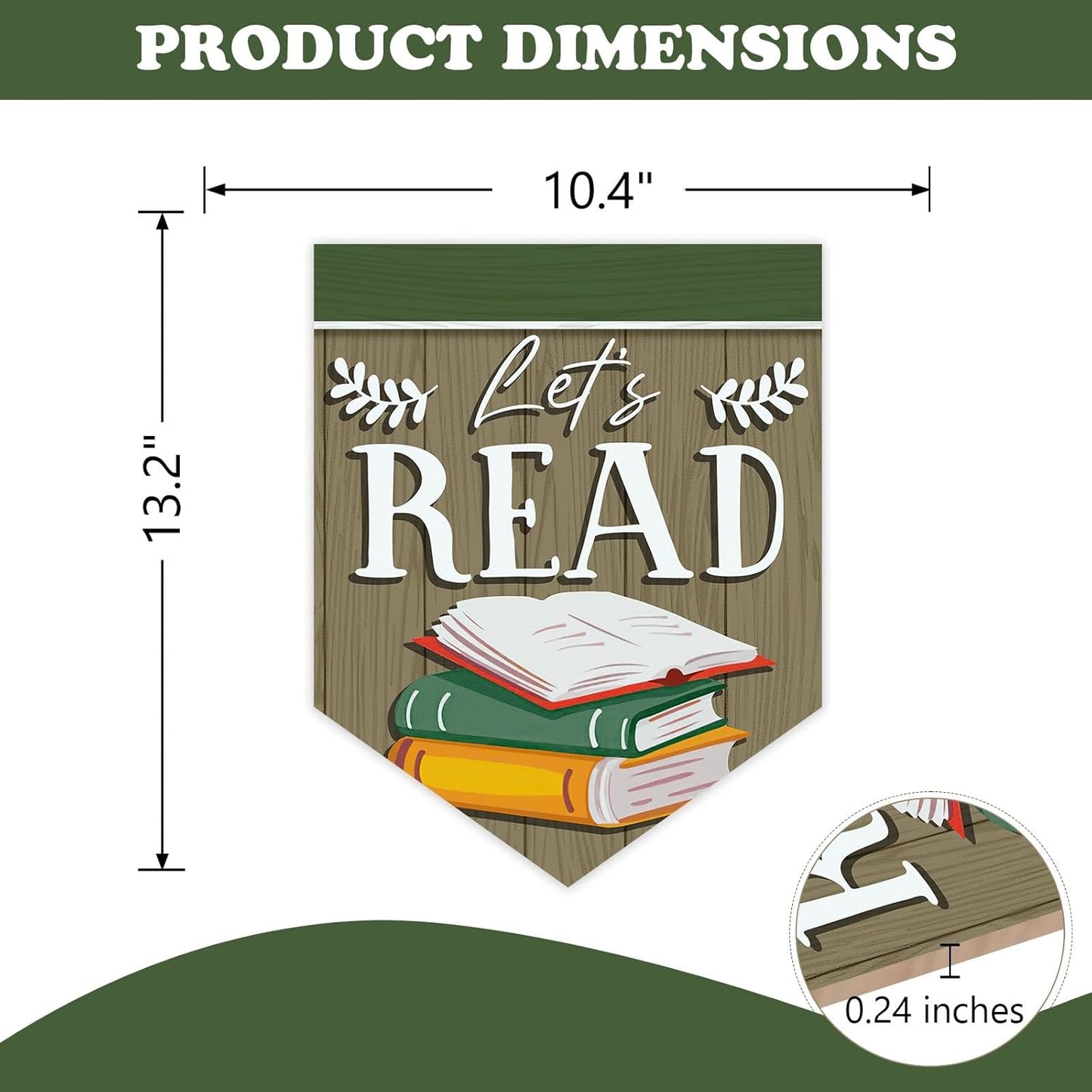 Reading Corner Let's Read Books Front Door Sign, Retro Inspirational School Classroom Library Wood Plaque Hanger, Farmhouse Wooden Wreath Indoor Wall Hanging Home Decor Book Lover Gift