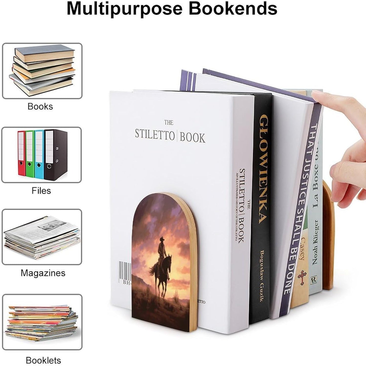 Cowboy West Bookends 1 Pair Heavy Duty Book Ends for Shelves Non-Skid Bookend Supports Wooden Book Holders with Metal Base Desk Organizers Books Storage to Hold Books