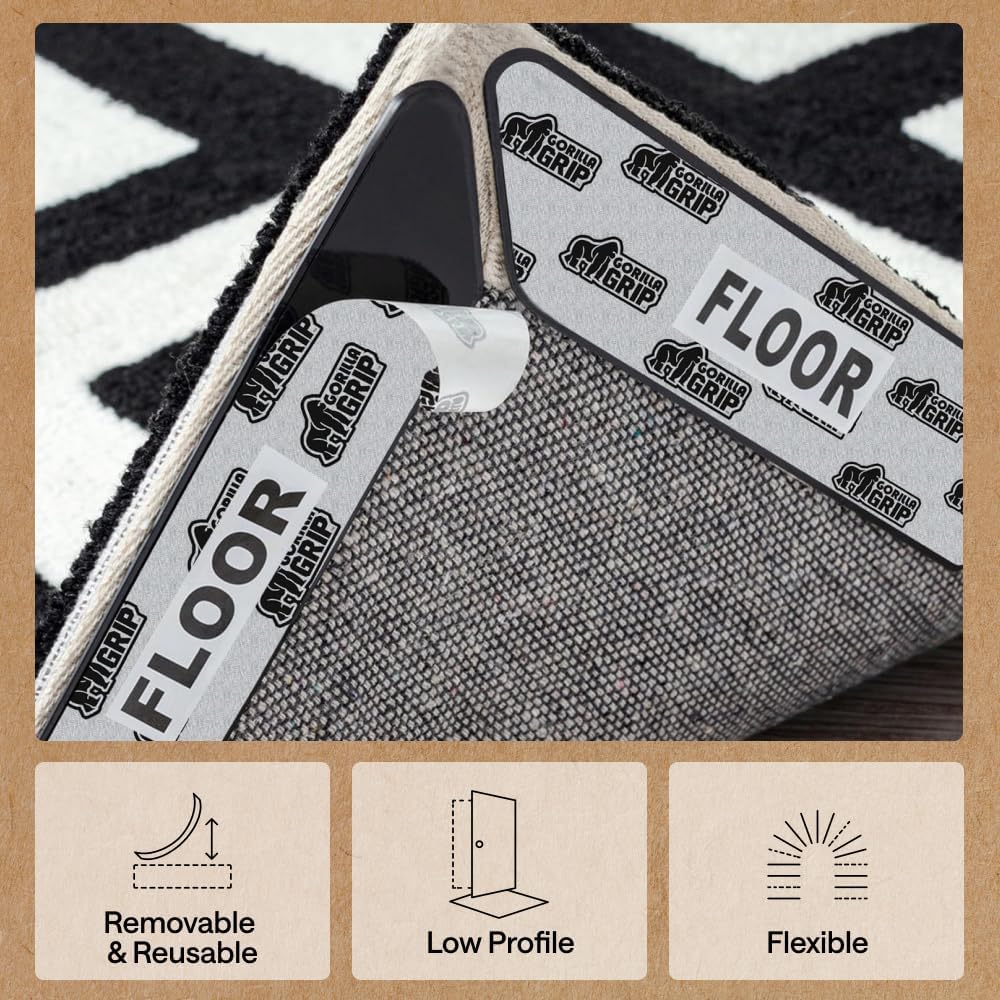 GORILLA GRIP Rug Gripper Pads Keep Area Rugs Corners from Curling, Reusable Double-Sided Stickers Holds Down Carpet in Place, Grips on Tile and Hardwood Floors Helps Prevent Sliding, Home Décor, 8 Pcs