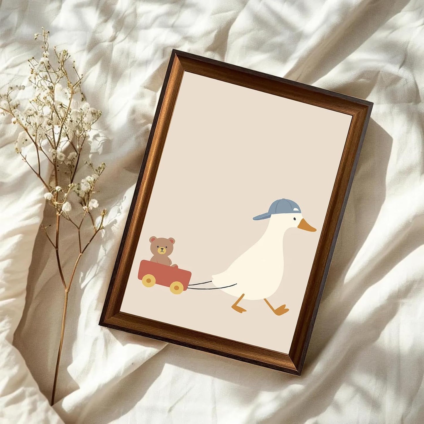 Framed Cute Goose Wall Art Funny Goose Pulling Toy Duck Canvas Print Minimal Nursery Animal Wall Decor for Kids Room Playroom Ready to Hang 8inx10in