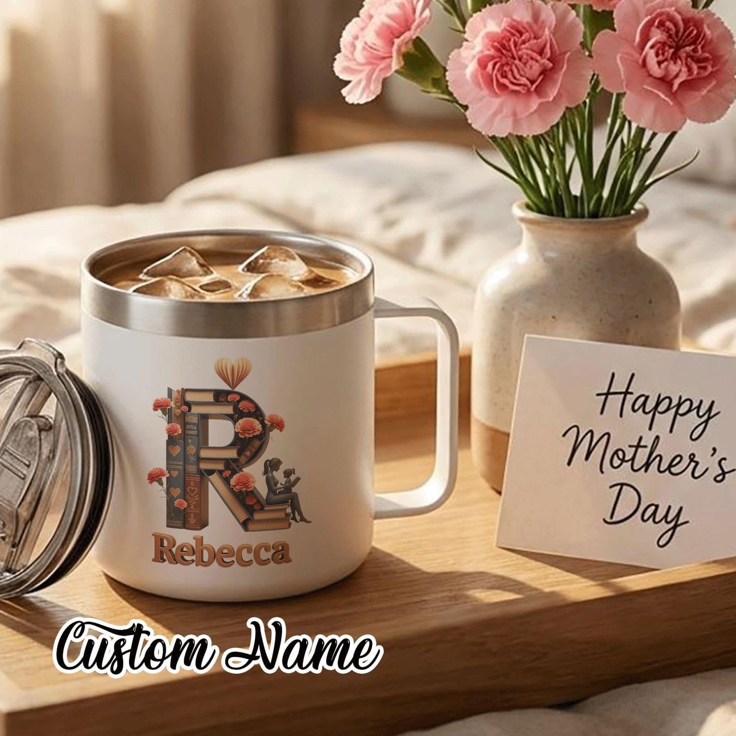 Personalized Book Lover Coffee Mug with Initial & Name - 14oz Insulated Stainless Steel Tumbler with Handle and Lid - Custom Reading Gifts for Women, Her, Bookworms, Librarians