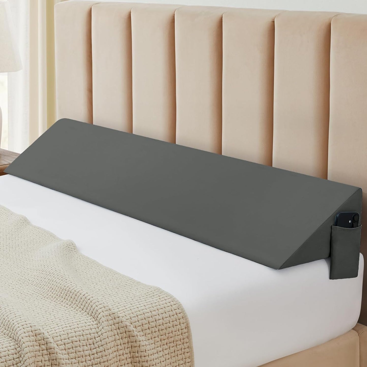 INVGEEXI Dark Grey Queen Size Bed Wedge Pillow Cover with Side Pocket, Soft & Breathable Microfiber Headboard Wedge Pillow Case Cover for Headboard Gap, 60" L x 10" W x 6" H (Pillow Not Include)