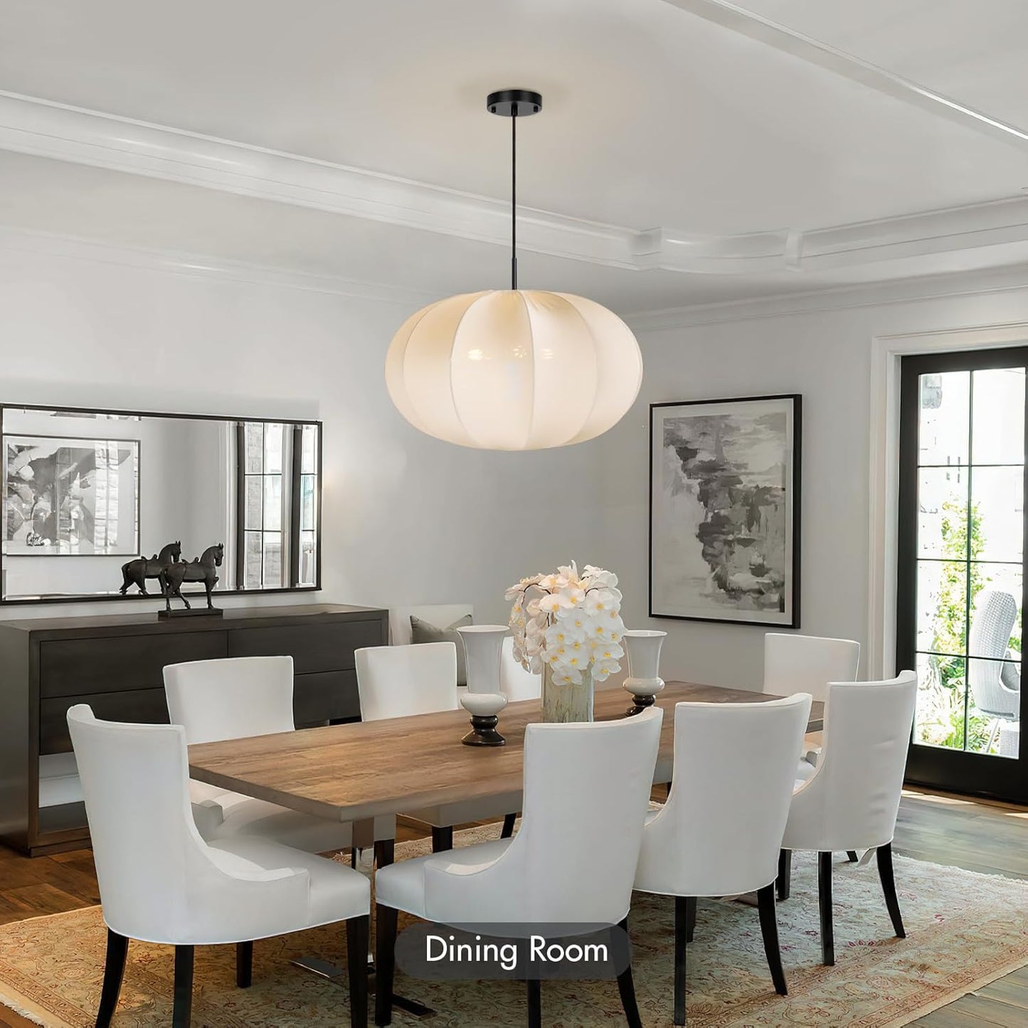 24 Inch Modern Chandelier with Stretch Linen Shade, Adjustable Height Pendant Light for Dining Room, Kitchen Island, Living Room, and Entryway Ceiling Light Fixtures