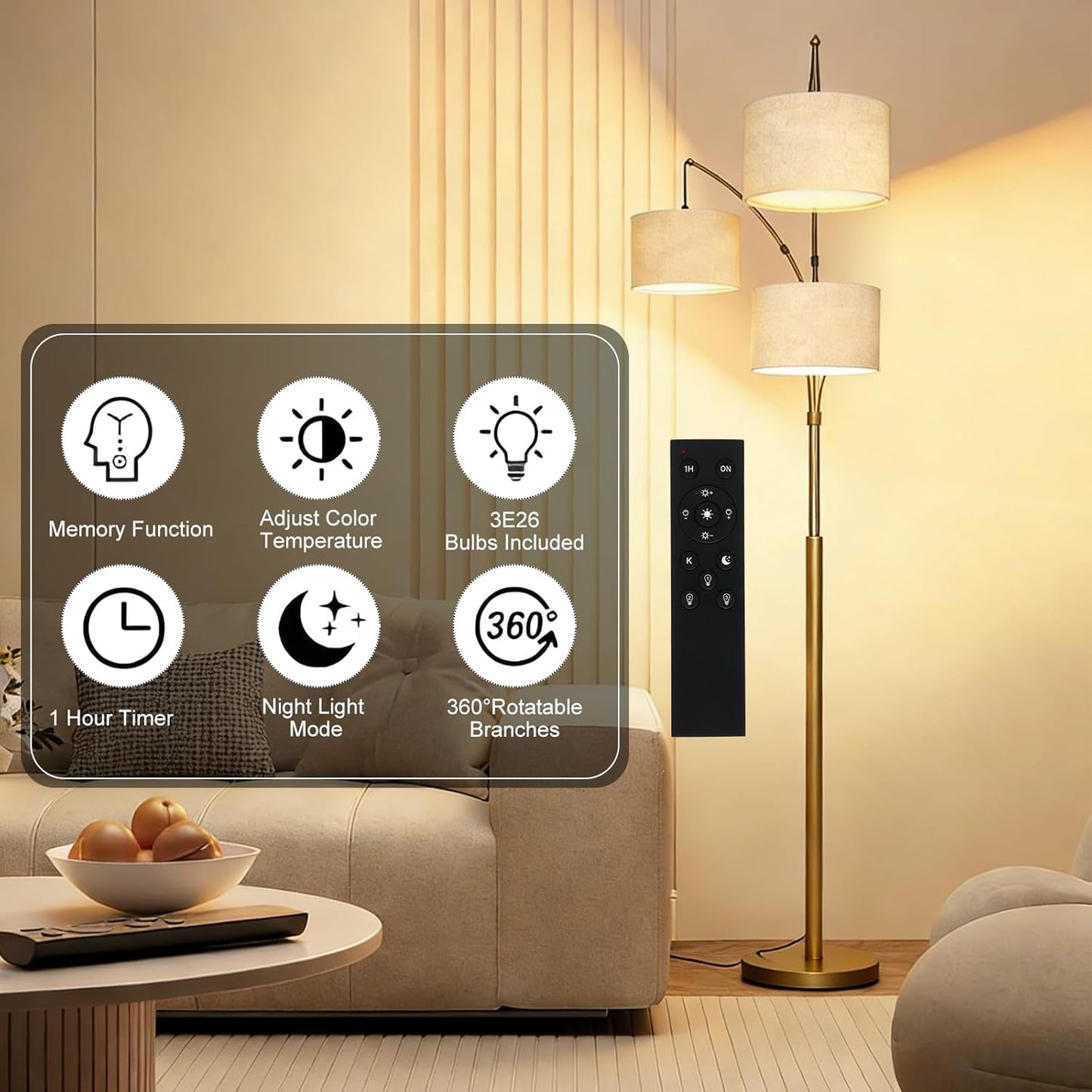 Dimmable Arc Floor Lamp, Gold Pole Standing Lamp with Linen Shade and Heavy Base, Remote Control with Stpeless Color Temperatures and Brightness for Bedroom, Office