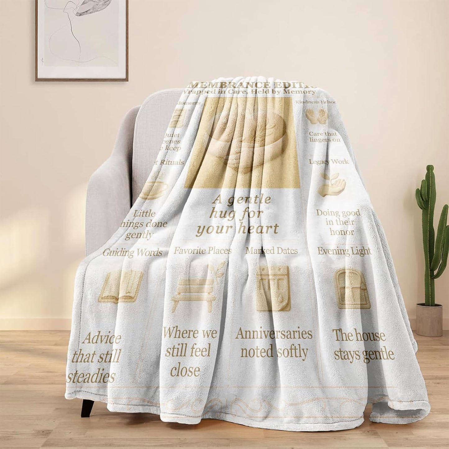 Memorial Sympathy Blanket 60x50, Remembrance Throw for Loss of Loved One, Soft Flannel Comfort Gift for Grieving Women & Men, Neutral Beige Home Decor