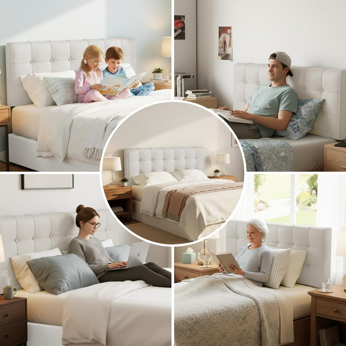 Twin Headboard, Tool-Free 60s Installation - 4" High-Density Foam Upholstered Headboard with Side Pockets, Non-Slip Linen Headboard for Dorm/Renter/Small Bedroom, Ivory Beige