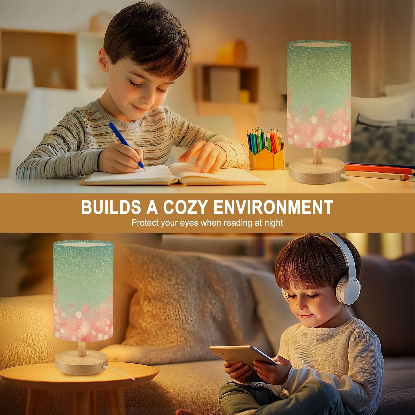 Bedside Table Lamp Fancy Teal Green Glitter Coral Pink Peach Sparkle Turquoise 16-Way Dimmable Small Desk Lamp with Round Flaxen Fabric Shade for Nightstand Bedroom Living Room Home Decor