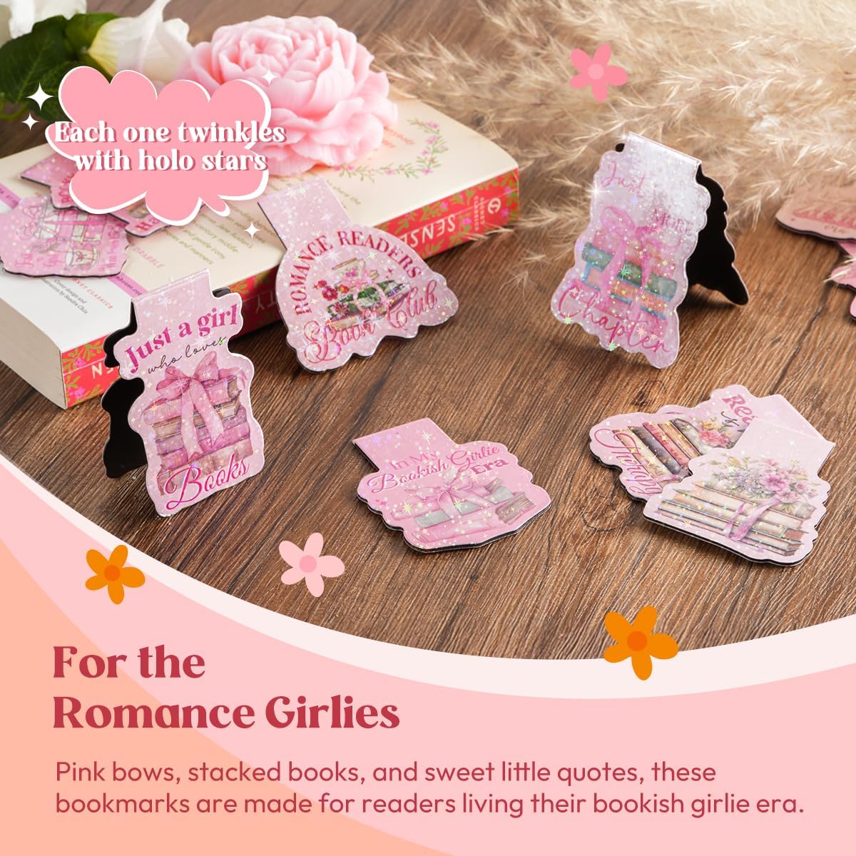 12PCS Glittery Magnetic Bookmarks for Women, Pink Booklovers Theme Funny Magnetic Bookmarks, Magnets Cute Book Marks for Book Lovers Gifts, Cute Gifts for Booklovers Reader Girls
