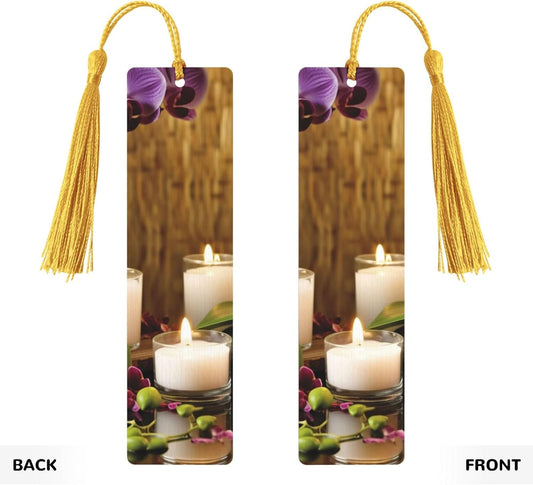 Candles and Orchids Bookmark Ornament, Wooden Bookmarks with Tassel, Book Mark for Book Lovers Page Markers Reading Gifts for Women Men Handmade Wood Bookmark Tag Label