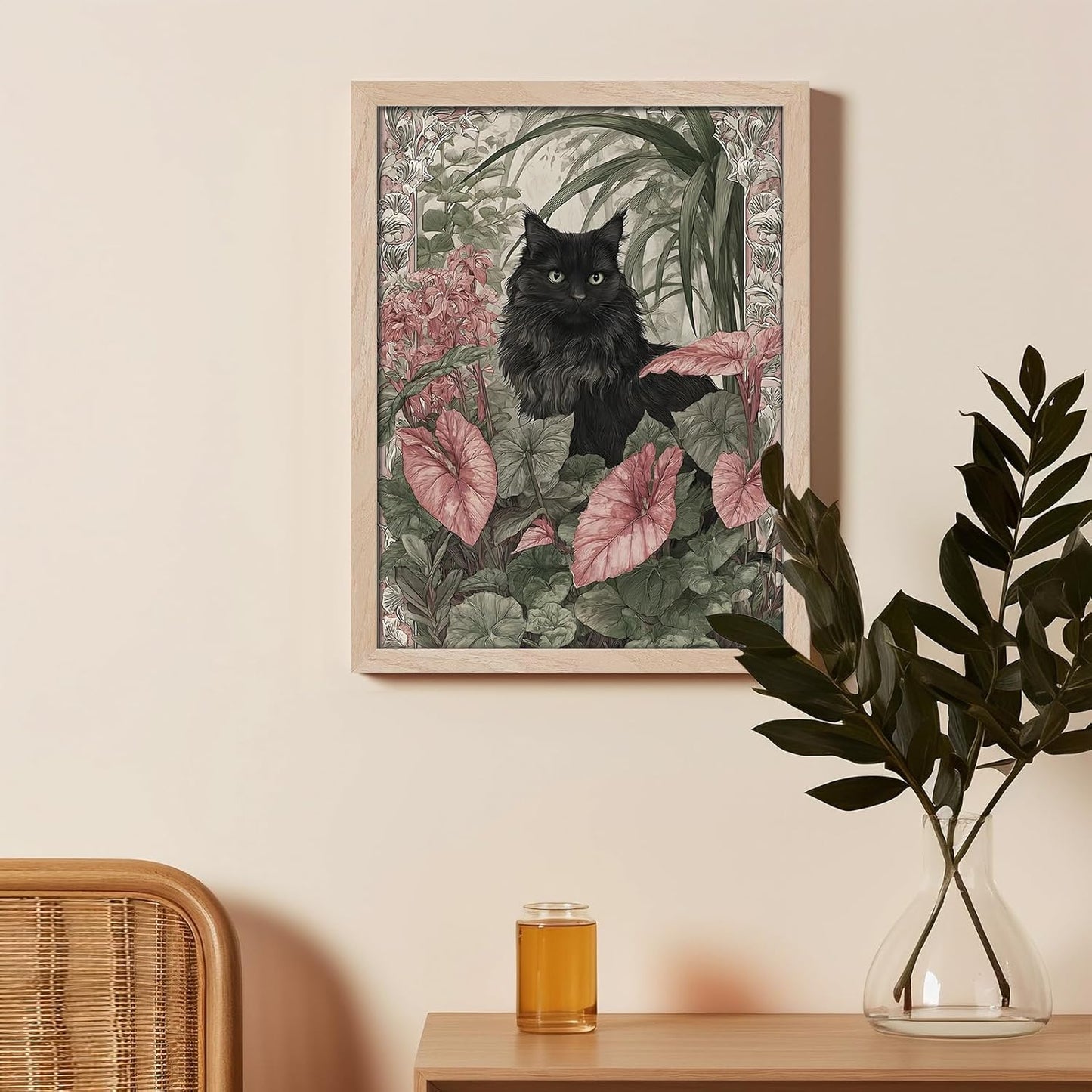 Leaf&Lore Framed Black Cat Botanical Wall Art – Vintage Floral Cat Canvas Painting with Solid Wood Frame & Acrylic Cover, Elegant Nature Picture Prints for Living Room Home Decor12x16IN