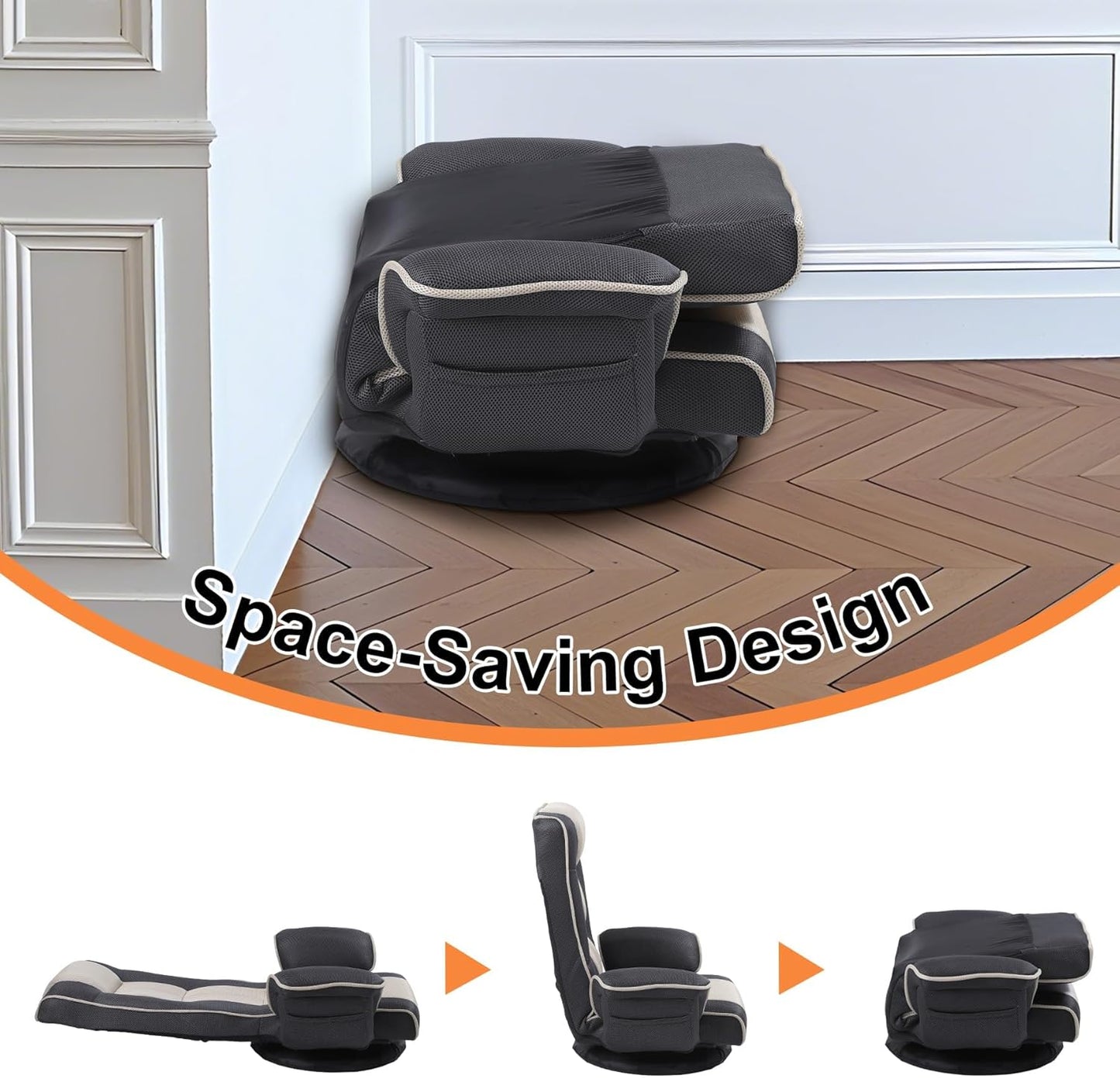 Linen Fabric Ergonomic Gaming Chair, 6-Position Reclining Sofa Bed with Lumbar Support, Foldable Floor Lounger with Thick Cushion, Armrests & Side Pockets for Esports, Reading, Napping (Grey + Beige)