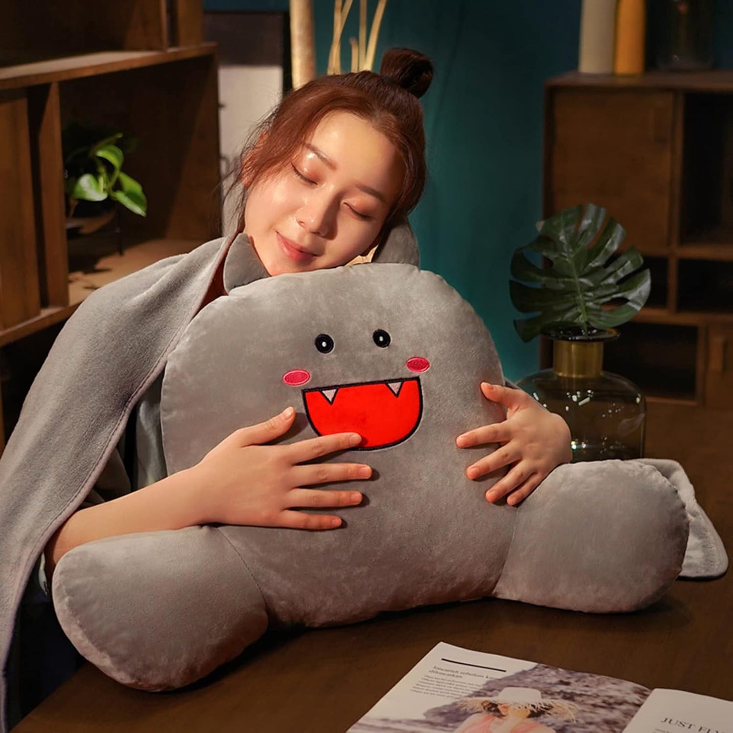 Reading Pillow with Arm,with Blanket and Without Blanket,Lumbar Support Cushion Perfect for Reading or Napping, for Sitting in Bed Removable Cover (Color : Blue with Blanket, Size : 5335CM)