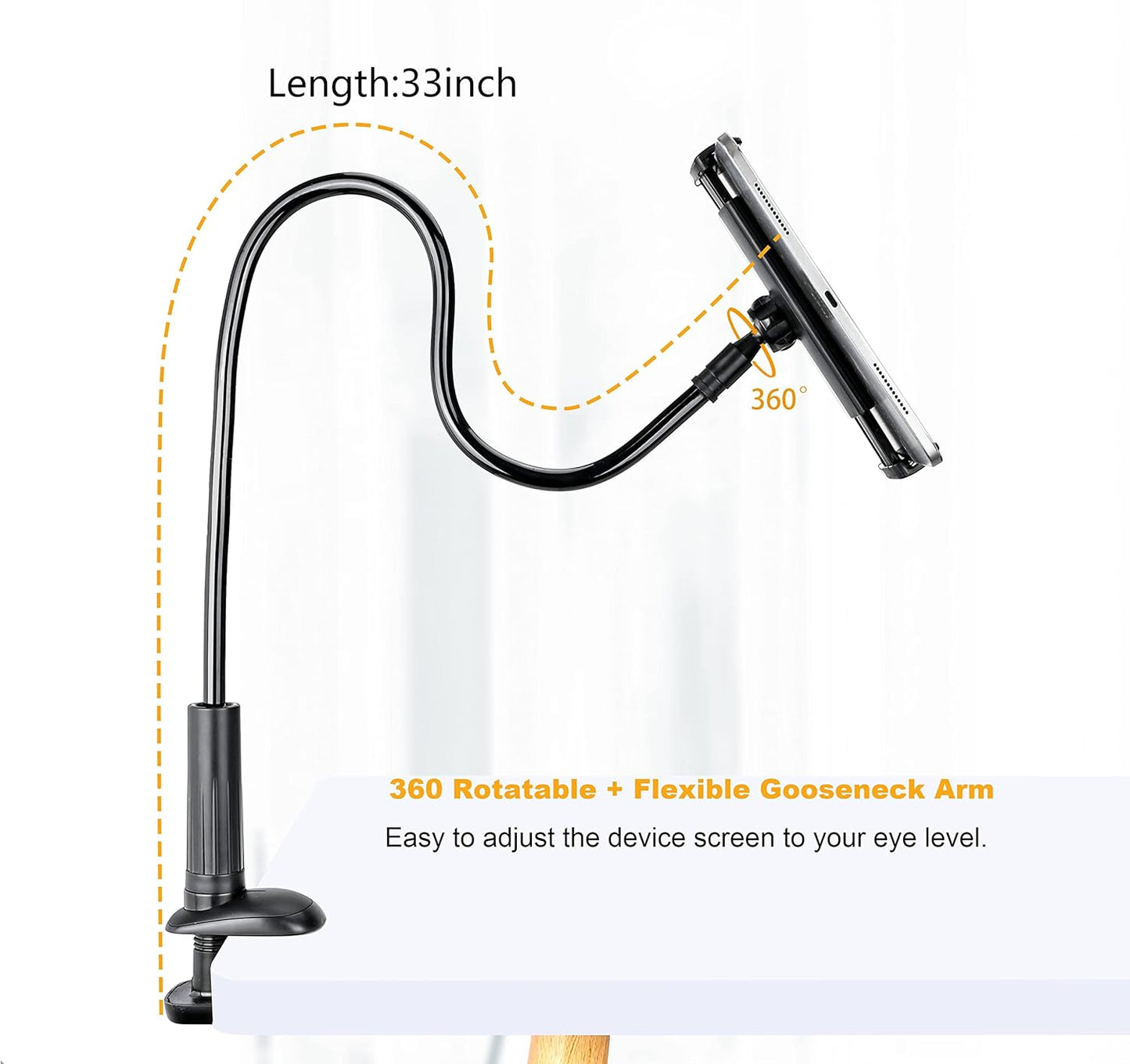 Gooseneck Tablet Holder Stand, Kindle Holder for Bed 33in Flexible Long Arm Clamp Clip Mount for iPad, iPhone, Switch, Galaxy Tabs, Kindle Fire, Phone 4.7''-11'' Tablet Devices