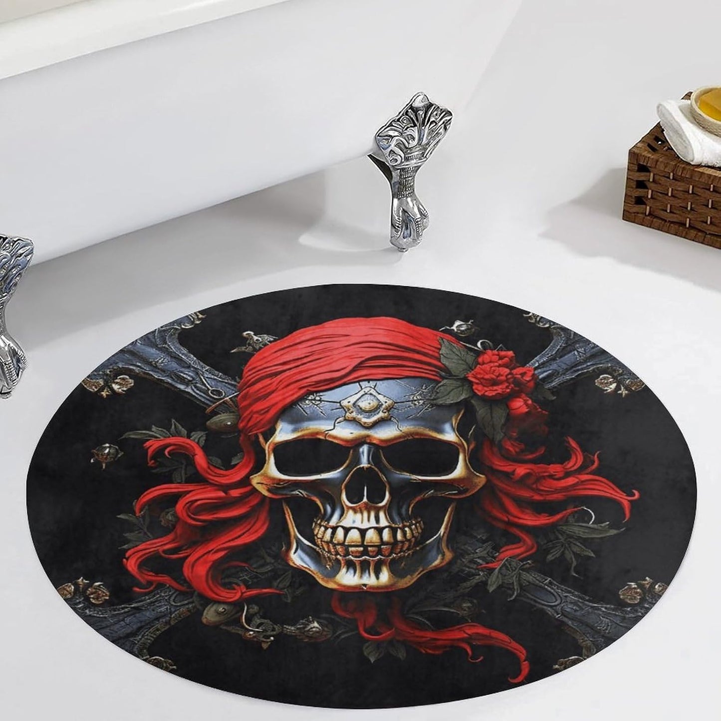 Pirate Skull Circle Rug Retro Luxury Coral Velvet Floor Mat Non Slip Soft Indoor Floor Carpet Comfy Thickened Area Rugs Modern Aesthetic Minimalist Carpets for Home Decor