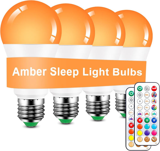 Amber Sleep Light Bulbs 1800K with Remote Control, E26 Blue Light Blocking A19, 12W LED Color Changing Bulb for Sleep Therapy, Baby Nursery, Reading Light