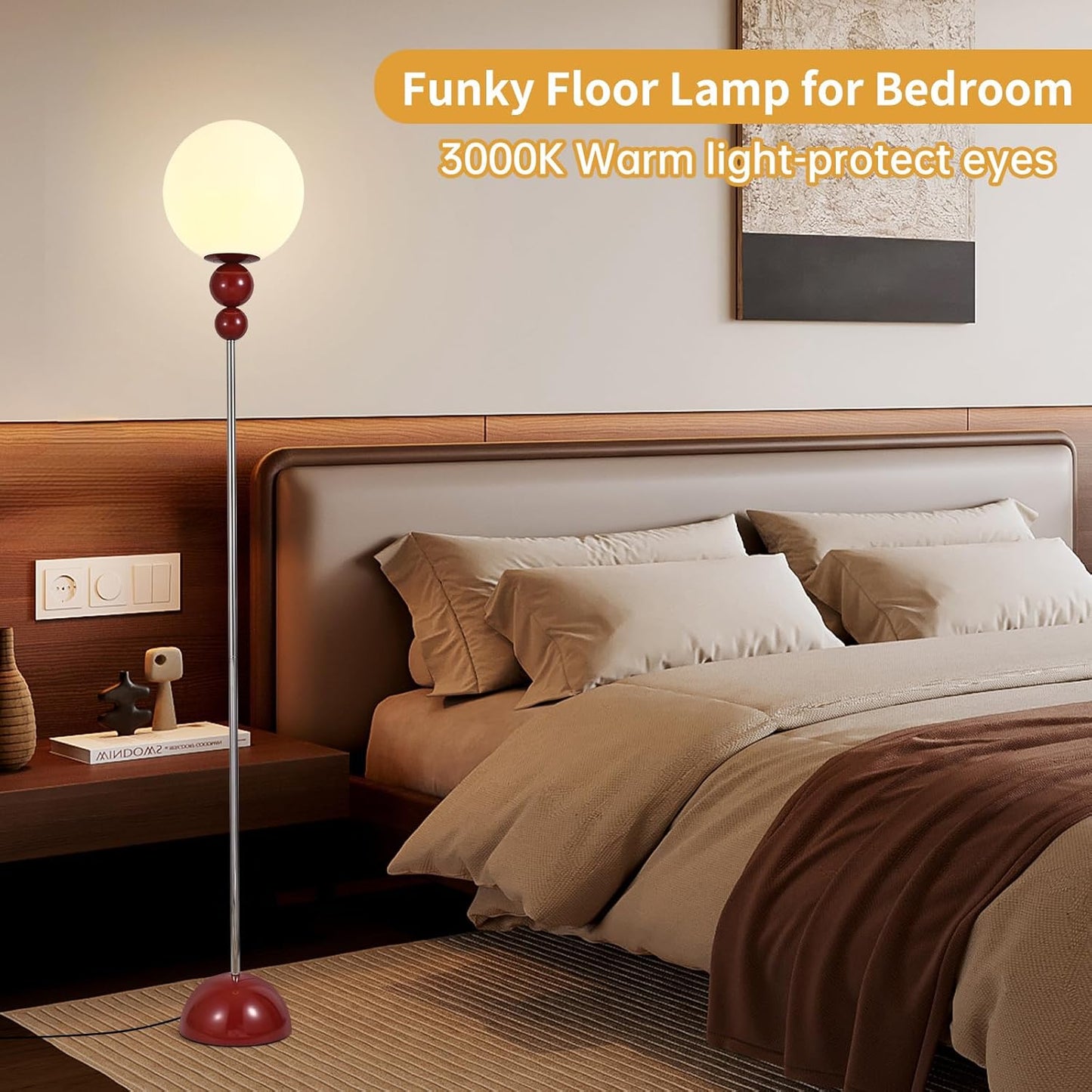 Red Floor Lamp for Living Room, Modern Floor Lamps for Bedroom，On/Off Foot Switch, Globe Standing Lights for Office Cafe, Includes E26 Bulb 15W Reading Corner Light Include 70.87in Plug Cord