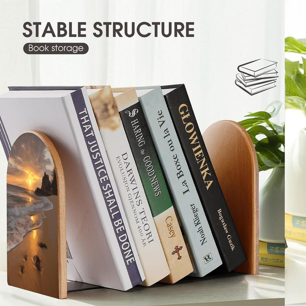 Sunrise Beach Wooden Bookend Non-Slip Book Ends Heavy Duty Book Stopper with Metal Base Books Holderd Decorative Bookends Stands Firmly for Office Supplies