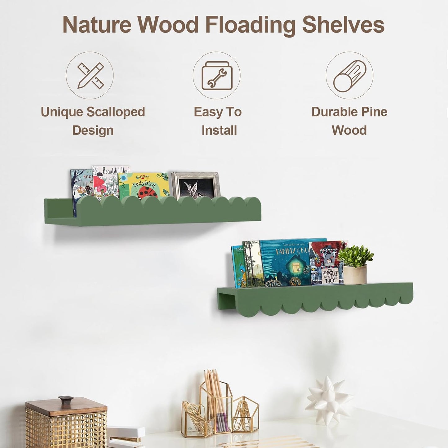 Nursery Book Shelves 20Inches, Scalloped Floating Shelves for Bedroom Kids, Nursery Shelves for Wall 2 Pack, Scalloped Shelf for Toddler Room, Baby Room, Sage, Large