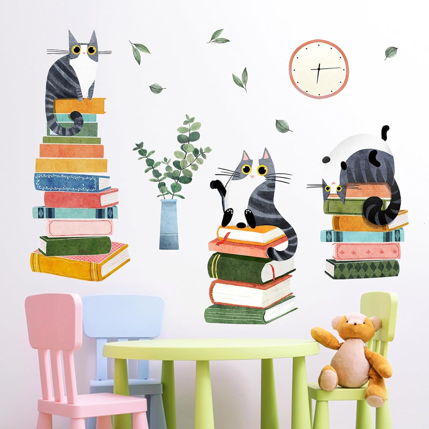 Mfault Cats Reading Books Wall Decals Stickers, Kitty Kitten Neutral Nursery Decorations Study Classroom Bedroom Art, Plant Leaves Reading Corner Toddler Kids Room Home Decor Gifts