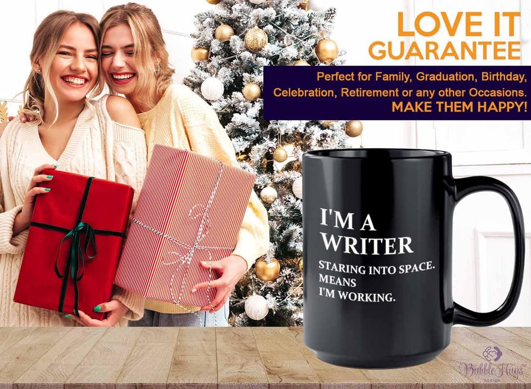 Bubble Hugs Novelist Coffee Mug 15oz Black - Working Writer B - Book Lover Author Writers Charm Creative Poets Publisher Romance Typewriter Editor Fiction